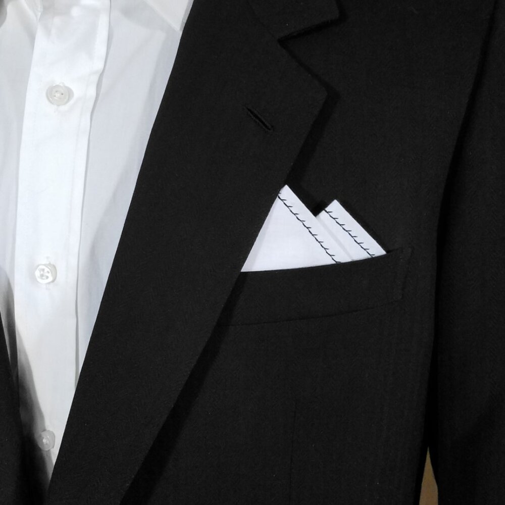 New - Black Stitching Cotton Pre-Folded Pocket Square Handkerchief Insert
